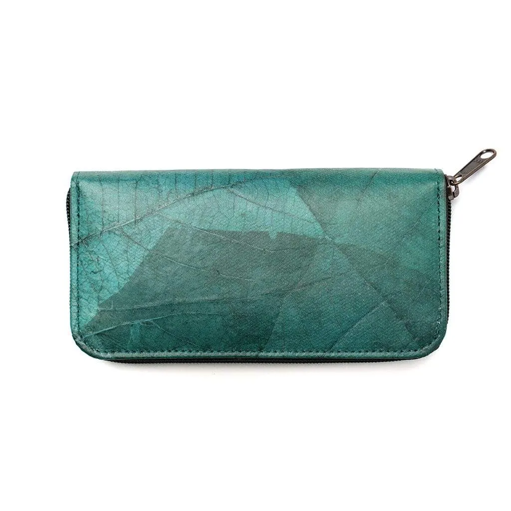 Leaf Leather Long Wallet - Turquoise