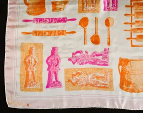 Old World Artifacts Scarf - Pink Orange White Silk - 1960s Novelty Print by Vera Neumann - Baking Implements & Chocolate Molds - 26 Inches