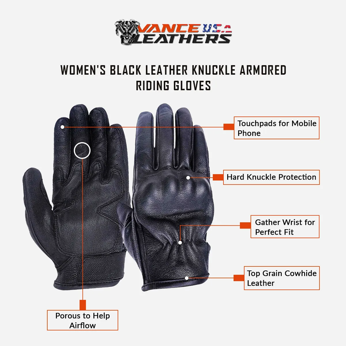 VL474 Vance Leather Armored Knuckle Leather Ladies Riding Gloves
